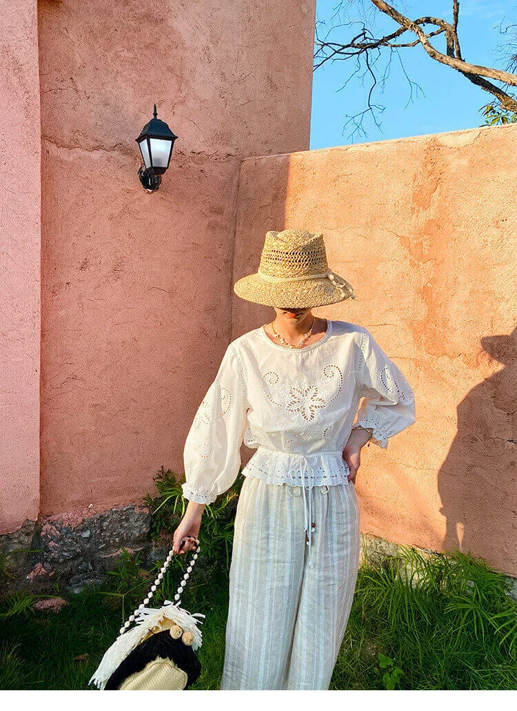 Women's Cotton Floral Embroidery Lace Ruffle Puff 3/4 Sleeve Top Skirt Set