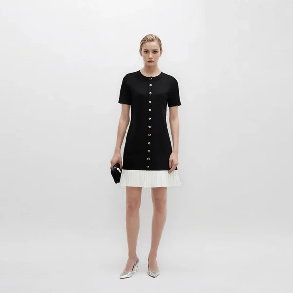 Elegant Color Block Short Sleeve Button Front Pleated Hem Knit Dress Skin-Friendly Cooling
