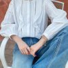 Women's French White Cotton Pleated Long Sleeve Shirt