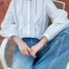 Women's French White Cotton Pleated Long Sleeve Shirt