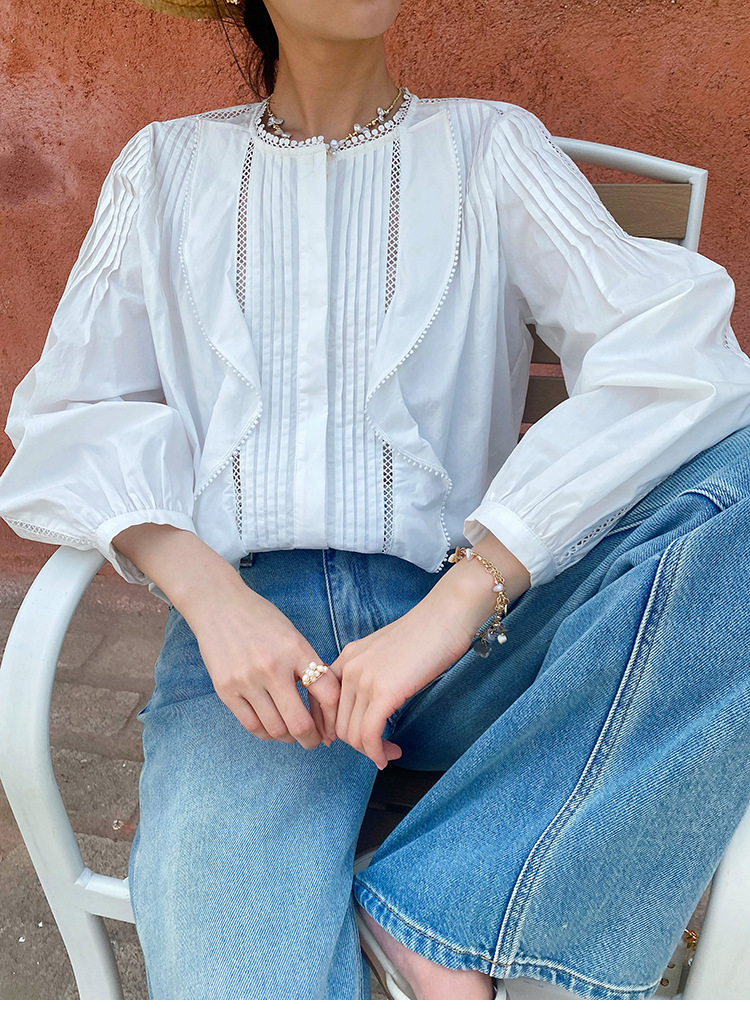 Women's French White Cotton Pleated Long Sleeve Shirt
