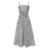 French Style Crinkled Striped Cotton Blend Spaghetti Strap Maxi Dress