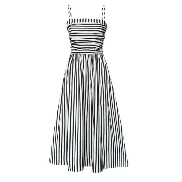 French Style Crinkled Striped Cotton Blend Spaghetti Strap Maxi Dress