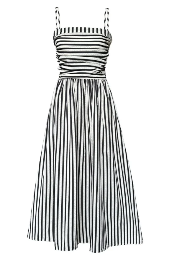 French Style Crinkled Striped Cotton Blend Spaghetti Strap Maxi Dress