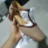 Women's French Retro Cowhide T-Strap Sandals Square Toe Medium Thick Heel