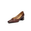 Women's Leather Block Heel Square Toe SlipOn Vintage Pumps Classic Dress Shoes