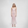 Elegant Women Striped Lurex Tencel Knit Midi Slip Dress Skin-Friendly Cooling V Neck A Line