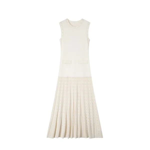 Elegant Summer Sleeveless Crewneck Rhinestone Pleated Midi Knit Dress