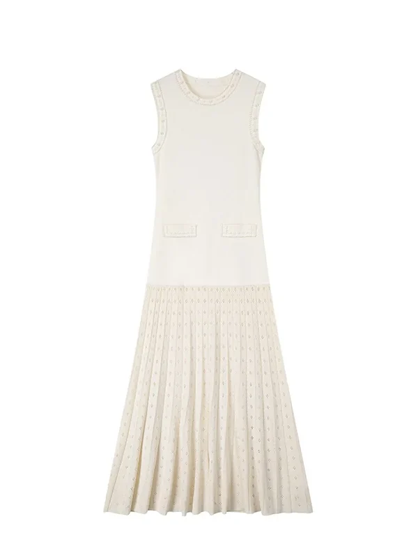 Elegant Summer Sleeveless Crewneck Rhinestone Pleated Midi Knit Dress