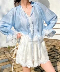 Elegant Tencel Long Sleeve V-neck Lace Splicing Tie Floral Shirt