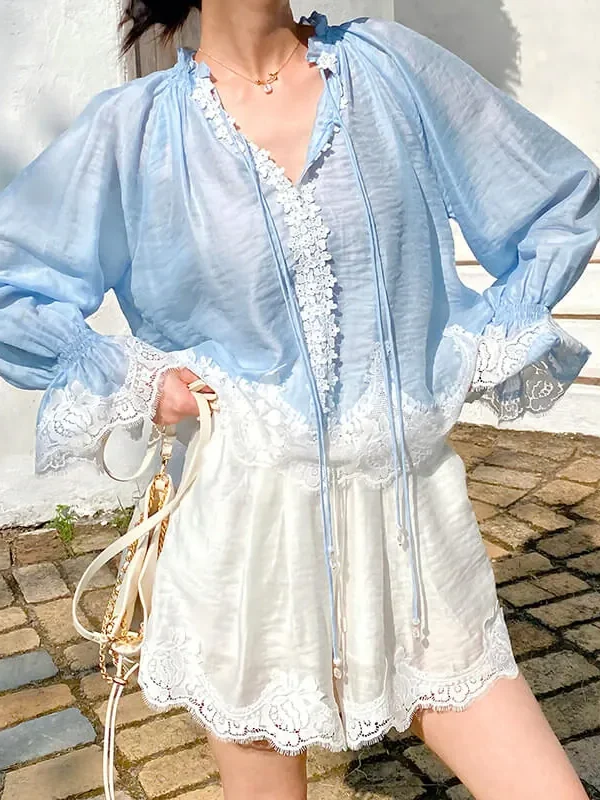 Elegant Tencel Long Sleeve V-neck Lace Splicing Tie Floral Shirt