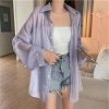 Women's Shimmer Sheer Long Sleeve Loose Polo Collar Patchwork Blouse