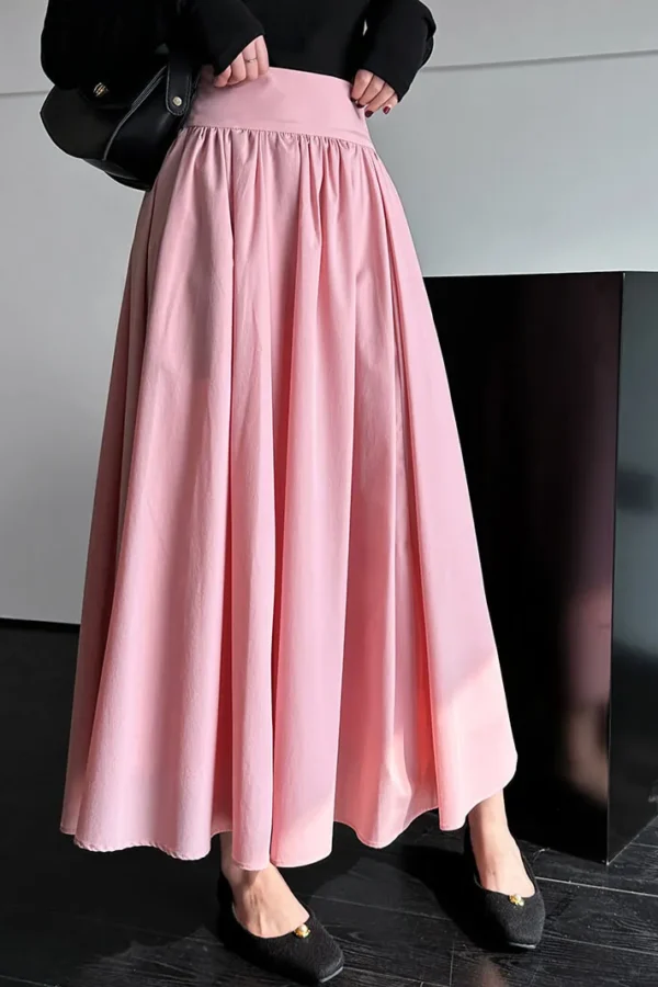 French Casual Stretch Blended Fabric Pleated Midi Skirt