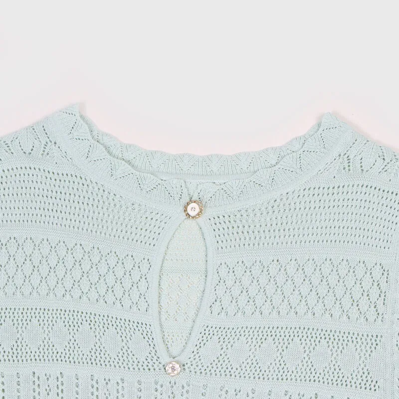 Elegant Light Green Hollow Out Knit Midi Dress Short Sleeve High Waist