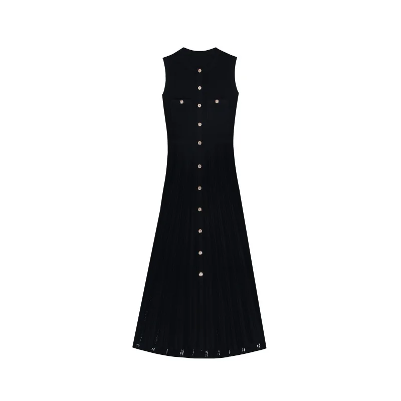 Elegant Sleeveless Knit Midi Dress Cut Out Button High Waist