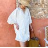 Cotton Embroidered Eyelet Tassel Loose Midi Dress 3/4 Sleeve Boho