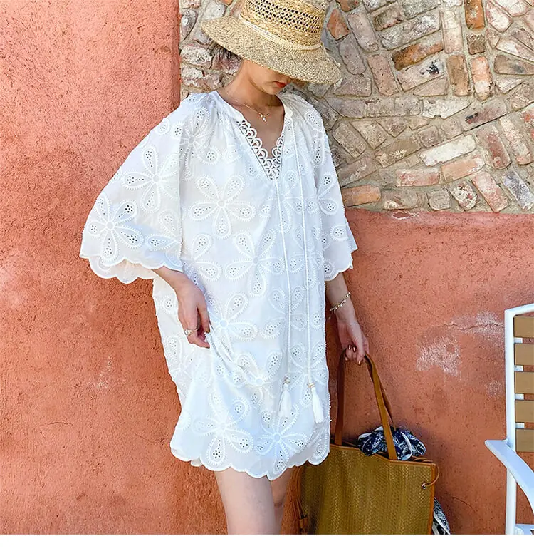 Cotton Embroidered Eyelet Tassel Loose Midi Dress 3/4 Sleeve Boho