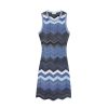 Elegant Blue Chevron Striped Knit Sleeveless Midi A Line Work Dress Skin-Friendly Cooling