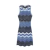 Elegant Blue Chevron Striped Knit Sleeveless Midi A Line Work Dress Skin-Friendly Cooling