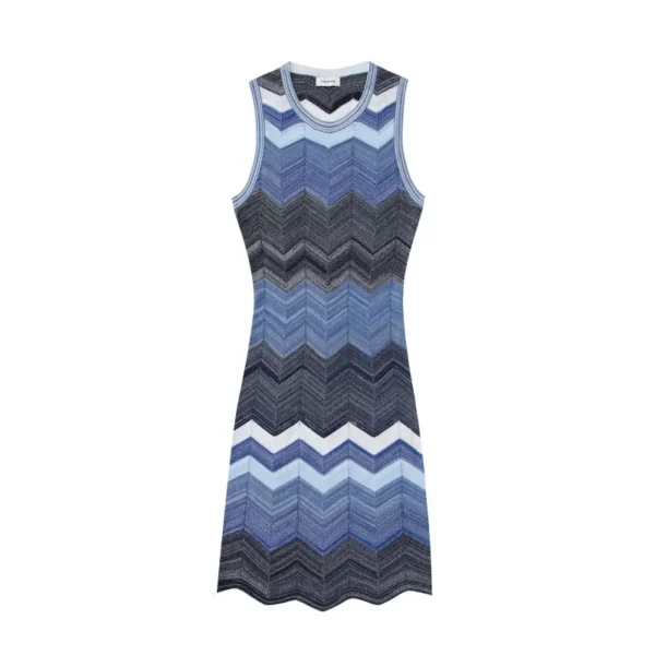 Elegant Blue Chevron Striped Knit Sleeveless Midi A Line Work Dress Skin-Friendly Cooling