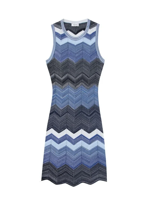 Elegant Blue Chevron Striped Knit Sleeveless Midi A Line Work Dress Skin-Friendly Cooling