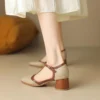 Women's French Retro Cowhide T-Strap Sandals Square Toe Medium Thick Heel