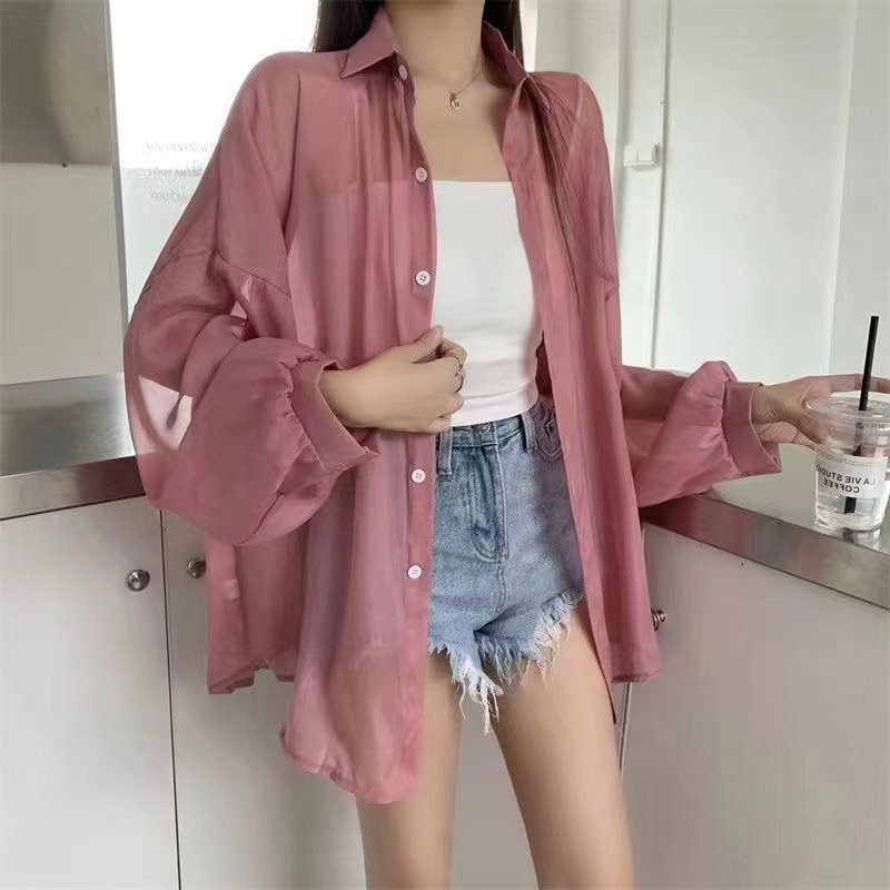 Women's Shimmer Sheer Long Sleeve Loose Polo Collar Patchwork Blouse
