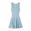 Square Neck Sleeveless Pleated Knit Dress High Waist A-Line Skin-Friendly Cooling