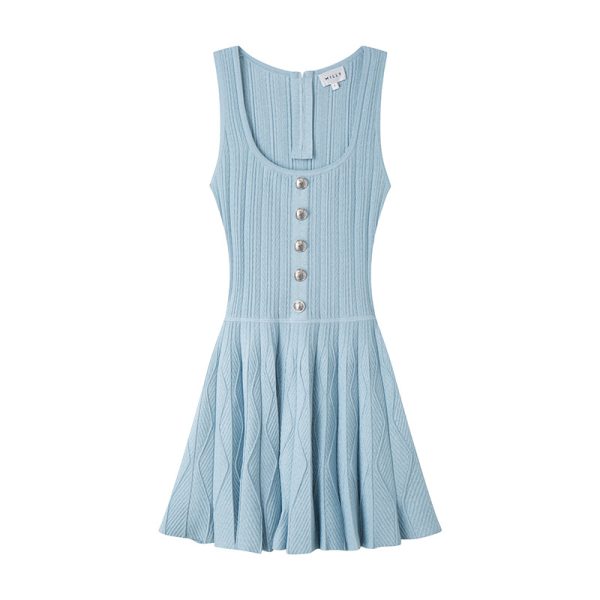 Square Neck Sleeveless Pleated Knit Dress High Waist A-Line Skin-Friendly Cooling