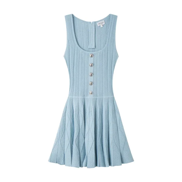 Square Neck Sleeveless Pleated Knit Dress High Waist A-Line Skin-Friendly Cooling