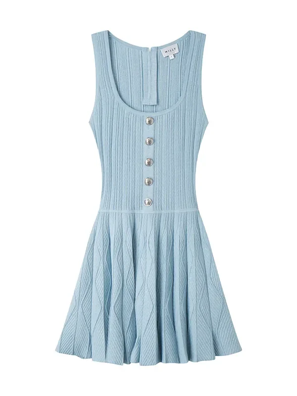 Square Neck Sleeveless Pleated Knit Dress High Waist A-Line Skin-Friendly Cooling
