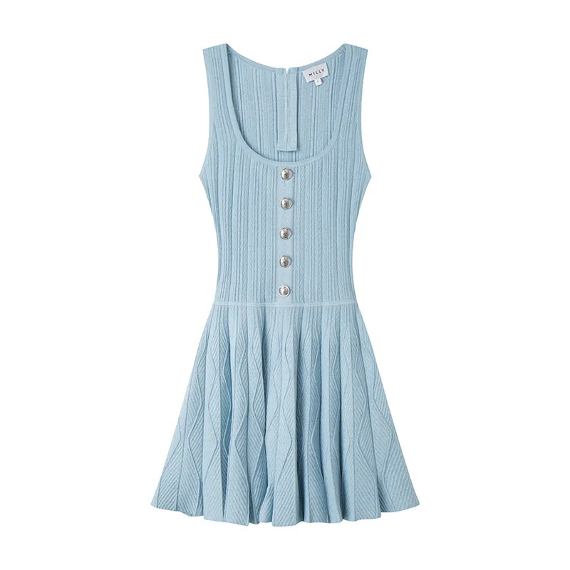 Square Neck Sleeveless Pleated Knit Dress High Waist A-Line Skin-Friendly Cooling