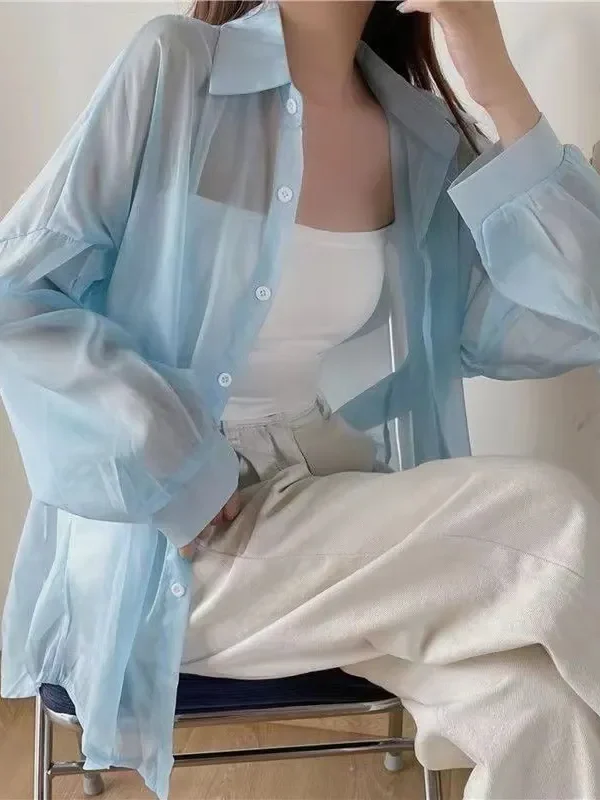 Women's Shimmer Sheer Long Sleeve Loose Polo Collar Patchwork Blouse
