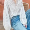 French Cotton Blouse Women Long Sleeve V Neck Loose Lace Embroidery Hollow Top