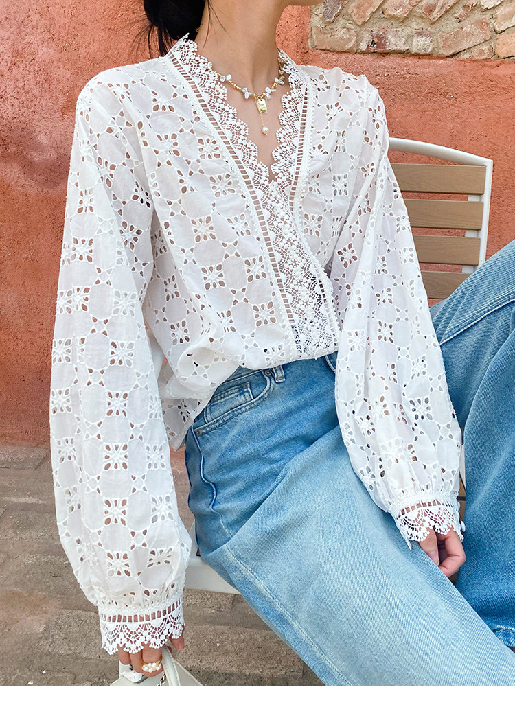 French Cotton Blouse Women Long Sleeve V Neck Loose Lace Embroidery Hollow Top