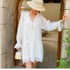 French Tencel Linen Dress Long Puff Sleeve V-Neck Midi Loose