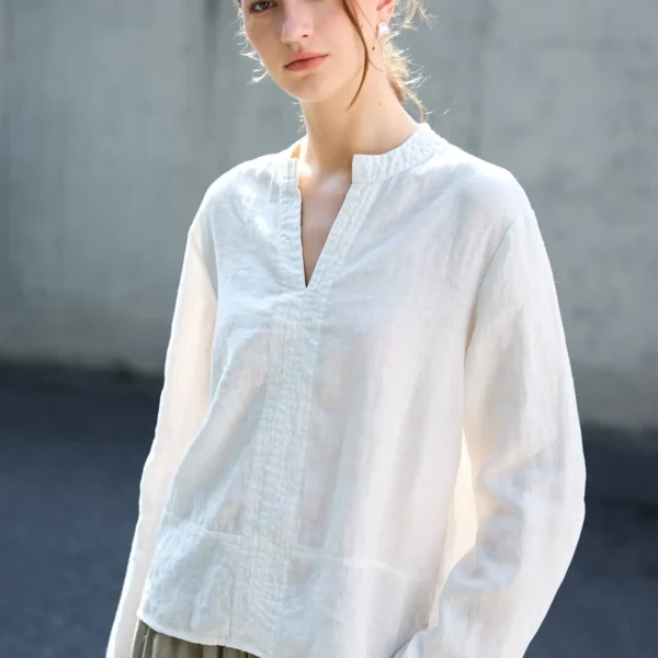 Minimalist Breathable Linen V Neck Long Sleeve Blouse