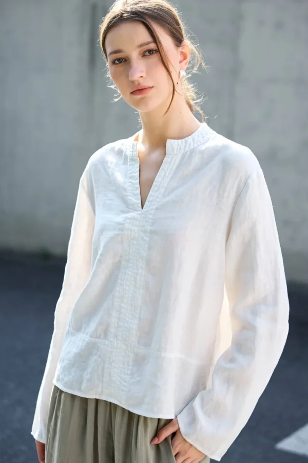Minimalist Breathable Linen V Neck Long Sleeve Blouse