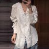 French Women's Long Sleeve V-Neck Solid Shirt Lace Patchwork Linen Tencel