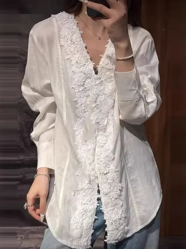 French Women's Long Sleeve V-Neck Solid Shirt Lace Patchwork Linen Tencel