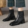 Retro Plus Size Women's Shoes Square Toe Block Heel Sheepskin Ankle Boots Back Zipper