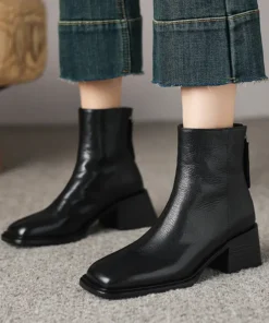 Retro Plus Size Women's Shoes Square Toe Block Heel Sheepskin Ankle Boots Back Zipper