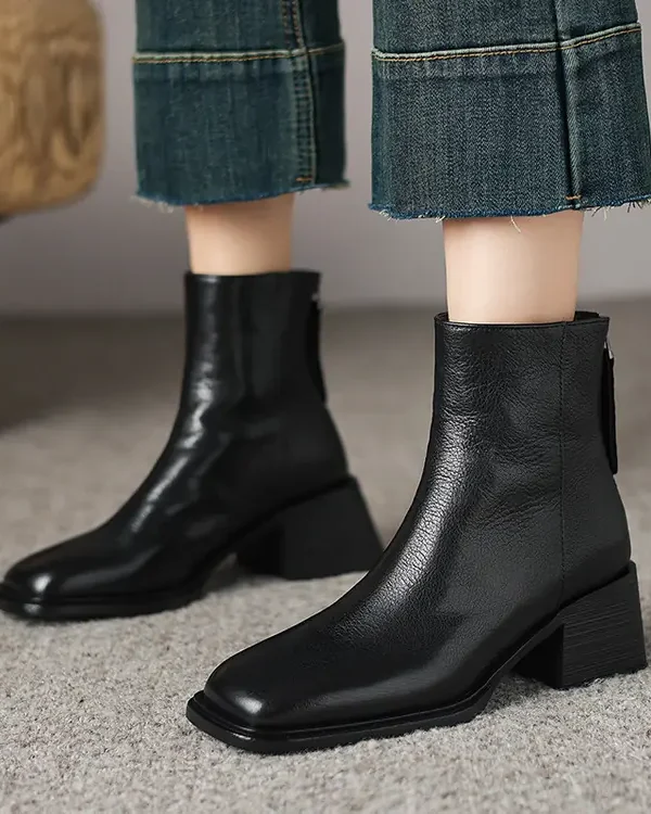 Retro Plus Size Women's Shoes Square Toe Block Heel Sheepskin Ankle Boots Back Zipper