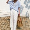 Women's Resort Striped Linen Mix Short Sleeve Loose V Neck Shirt Lace Tassel