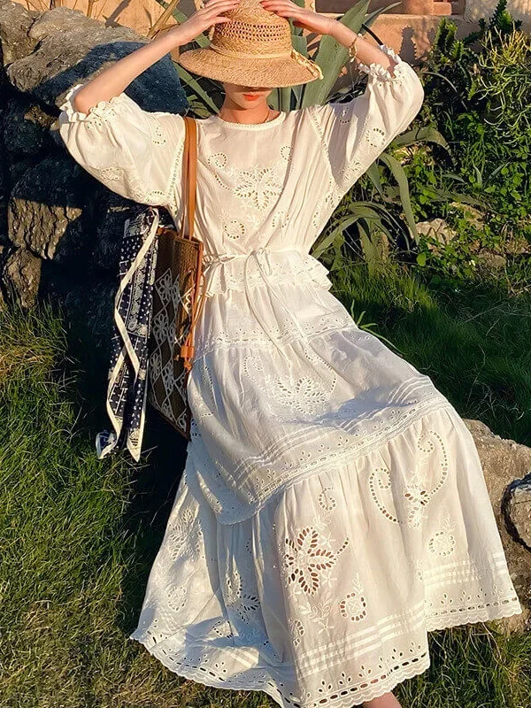 Women's Cotton Floral Embroidery Lace Ruffle Puff 3/4 Sleeve Top Skirt Set