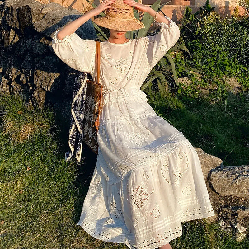 Women's Cotton Floral Embroidery Lace Ruffle Puff 3/4 Sleeve Top Skirt Set