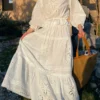 Women's Cotton Floral Embroidery Lace Ruffle Puff 3/4 Sleeve Top Skirt Set
