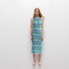 Skin-Friendly Cooling Elegant Sleeveless Round Neck Chevron Stripe Midi Knit Dress High Waisted Office