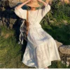 Women's Cotton Floral Embroidery Lace Ruffle Puff 3/4 Sleeve Top Skirt Set