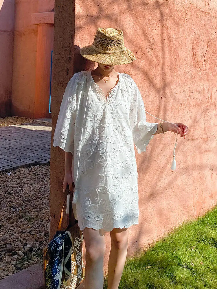 Cotton Embroidered Eyelet Tassel Loose Midi Dress 3/4 Sleeve Boho